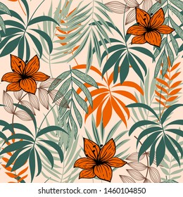 Abstract seamless pattern with colorful tropical leaves and plants on a delicate background. Vector design. Jungle print. Flowers background. Printing and textiles. Exotic tropics. Fresh design.