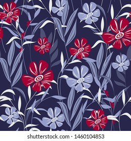 Abstract seamless pattern with colorful tropical leaves and flowers on purple background. Vector design. Jungle print. Flowers background. Printing and textiles. Exotic tropics. Fresh design.