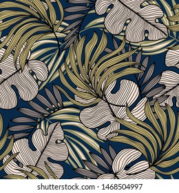 Abstract seamless pattern with colorful tropical leaves and plants on blue background. Vector design. Jungle print. Floral background. Printing and textiles. Exotic tropics. Summer.