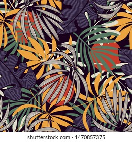 Abstract seamless pattern with colorful tropical leaves and plants on grey background. Vector design. Jungle print. Floral background. Printing and textiles. Exotic tropics. Summer design.
