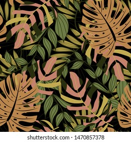 Abstract seamless pattern with colorful tropical leaves and plants on dark background. Vector design. Jungle print. Floral background. Printing and textiles. Exotic tropics. Summer design.