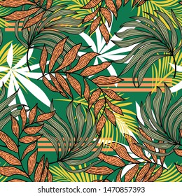 Abstract seamless pattern with colorful tropical leaves and plants on green background. Vector design. Jungle print. Floral background. Printing and textiles. Exotic tropics. Summer design.