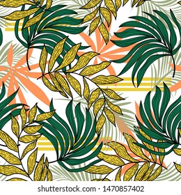 Abstract seamless pattern with colorful tropical leaves and plants on white background. Vector design. Jungle print. Floral background. Printing and textiles. Exotic tropics. Summer design.