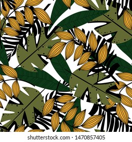 Abstract seamless pattern with colorful tropical leaves and plants on a light background. Vector design. Jungle print. Floral background. Printing and textiles. Exotic tropics. Summer design.