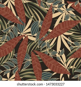 Abstract seamless pattern with colorful tropical leaves and plants on brown background. Vector design. Jungle print. Floral background. Printing and textiles. Exotic tropics. Summer.