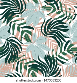 Abstract seamless pattern with colorful tropical leaves and plants on a light background. Vector design. Jungle print. Floral background. Printing and textiles. Exotic tropics. Summer.
