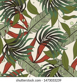Abstract seamless pattern with colorful tropical leaves and plants on a delicate background. Vector design. Jungle print. Floral background. Printing and textiles. Exotic tropics. Summer.