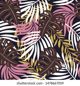 Abstract seamless pattern with colorful tropical leaves and plants on blue background. Vector design. Jungle print. Floral background. Printing and textiles. Exotic tropics. Summer.