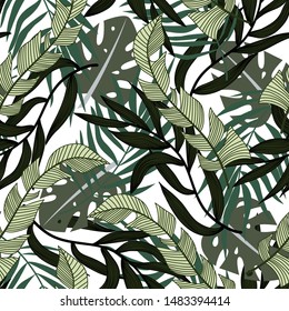 Abstract seamless pattern with colorful tropical leaves and plants on white background. Vector design. Jungle print. Floral background. Printing and textiles. Exotic tropics. Summer.