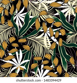 Abstract seamless pattern with colorful tropical leaves and plants on dark background. Vector design.Exotic tropics. Summer. Jungle print. Floral background. Printing and textiles.
