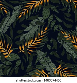 Abstract seamless pattern with colorful tropical leaves and flowers on blue background. Vector design.Exotic tropics. Summer. Jungle print. Floral background. Printing and textiles.