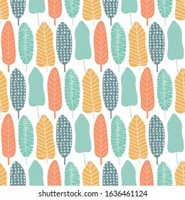 Abstract seamless pattern with colorful tropical and jungle leaves. Scandinavian style backdrop. Hand draw background of exotic plants. Botanical wrapping paper, textile, background flat design