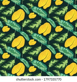 Resumen de un patrón impecable con hojas tropicales coloridas y plantas sobre fondo negro. Diseño de vectores. Impresión de la jungla. Fondo floral. Impresión y textiles. Tropos exóticos. Verano.