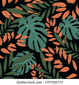 Resumen de un patrón impecable con hojas tropicales coloridas y plantas sobre fondo negro. Diseño de vectores. Impresión de la jungla. Fondo floral. Impresión y textiles. Tropos exóticos. Verano.