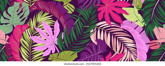 Abstraktes, nahtloses Muster mit bunten tropischen Blättern und Pflanzen auf dunklem Hintergrund. Vektordesign. Dschungeldruck. floraler Hintergrund. Druck und Textilien. Exotische Tropen. Sommer.