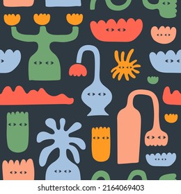 Abstract  seamless pattern with colorful various strange flowers. Trendy hand drawn fictional characters isolated on a dark background