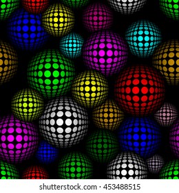 Abstract seamless pattern with colorful volume circles on dark background. Vector pattern.