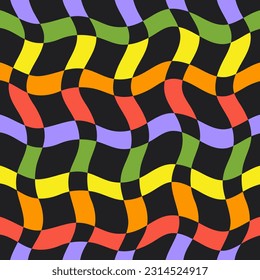 Abstract seamless pattern with colorful wavy grid on a black background. Contemporary collage background. Vector retro illustration