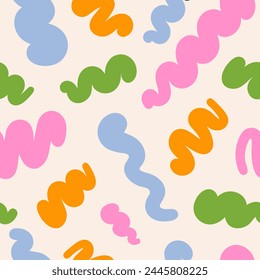 Abstract seamless pattern with colorful wavy retro groovy shapes on a beige background. Vector illustration in style 90s, 00s