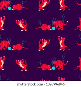 Abstract seamless pattern with colorfuls crazy cats. Vector illustration eps