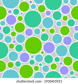 Resumen de un patrón impecable de círculos coloridos. Vector repitiendo el fondo del confetti. Círculos verdes, azules y violetas sobre textura gris.