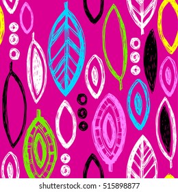 Abstract seamless pattern with colrful hand drawn leaves on pink background. Cute Wallpaper for girls. Seamless decorative template texture with leaves. Seamless stylized ethnic leaf pattern.