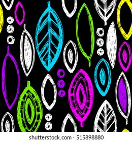 Abstract seamless pattern with colrful hand drawn leaves on blak background. Cute Wallpaper for girls. Seamless decorative template texture with leaves. Seamless stylized ethnic leaf pattern.