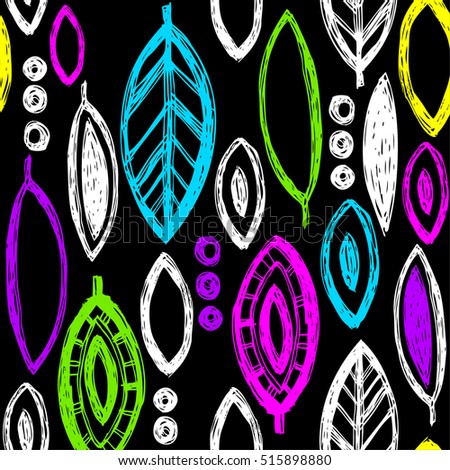 Abstract seamless pattern with colrful hand drawn leaves on blak background. Cute Wallpaper for girls. Seamless decorative template texture with leaves. Seamless stylized ethnic leaf pattern.