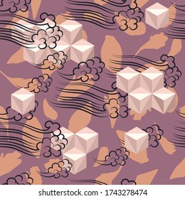 Abstract seamless pattern. Pattern combines natural motifs and geometric shapes with Japanese motifs. Suitable for full imprinting.