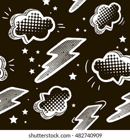 Abstract seamless pattern. Comics  Background with shape, dots, grunge Clouds, stars, lightning sketch hand drawing elements. creative funny teenagers design. Boys and girls wallpaper.