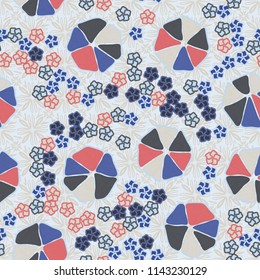 Abstract seamless pattern composed of five-petalled and seven-petalled flowers.
The painting is located on the background of monochrome eight-lobed symbolic plants.
