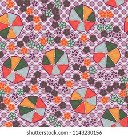 Abstract seamless pattern composed of five-petalled and seven-petalled flowers.
The picture is located on the background of a monochrome ornamental pattern.