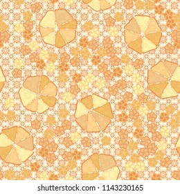 Abstract seamless pattern composed of five-petalled and seven-petalled flowers.
The picture is located on the background of a monochrome ornamental pattern.