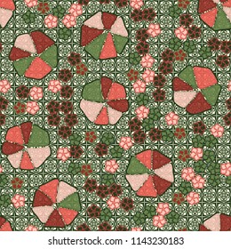 Abstract seamless pattern composed of five-petalled and seven-petalled flowers.
The picture is located on the background of monochrome four-petalled flowers and pointed crosses.
