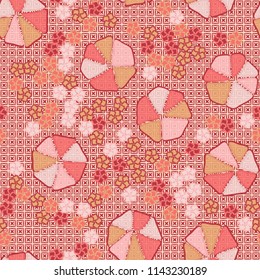 Abstract seamless pattern composed of five-petalled and seven-petalled flowers.
The picture is located on the background of monochrome four-pointed stars of prisoners in squares.