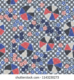 Abstract seamless pattern composed of five-petalled and seven-petalled flowers.
The picture is located on the background of monochrome small crosses and squares with gaps.