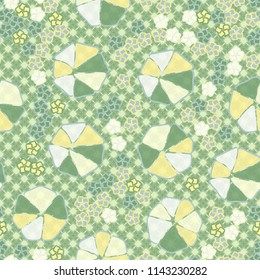 Abstract seamless pattern composed of five-petalled and seven-petalled flowers.
The picture is located on the background of monochrome small crosses and squares with gaps.