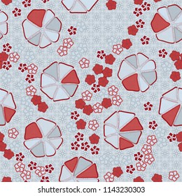 Abstract seamless pattern composed of five-petalled and seven-petalled flowers.
The painting is located on the background of monochrome symbolic flowers and crosses.