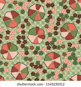 Abstract seamless pattern composed of five-petalled and seven-petalled flowers.
The painting is located on the background of monochrome symbolic flowers and crosses.