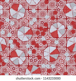 Abstract seamless pattern composed of five-petalled and seven-petalled flowers.
The painting is located on the background of a monochrome pattern consisting of four-pointed stars in the arrangement of