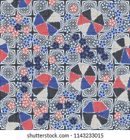 Abstract seamless pattern composed of five-petalled and seven-petalled flowers.
The painting is located on the background of a monochrome pattern consisting of four-pointed stars in the arrangement of