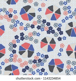 Abstract seamless pattern composed of five-petalled and seven-petalled flowers.
The picture is placed on the background of four-pointed stars and squares.