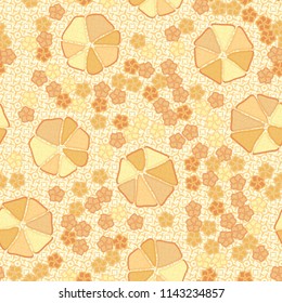 Abstract seamless pattern composed of five-petalled and seven-petalled flowers.
The picture is placed on the background of four-pointed stars and squares.