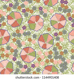 Abstract seamless pattern composed of five-petalled and seven-petalled flowers.
The painting is located on the background of monochrome eight-lobed symbolic plants.