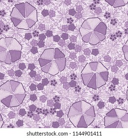 Abstract seamless pattern composed of five-petalled and seven-petalled flowers.
The painting is located on the background of monochrome eight-lobed symbolic plants.