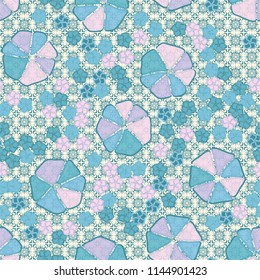 Abstract seamless pattern composed of five-petalled and seven-petalled flowers.
The picture is located on the background of a monochrome ornamental pattern.