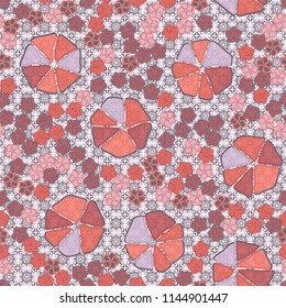 Abstract seamless pattern composed of five-petalled and seven-petalled flowers.
The picture is located on the background of a monochrome ornamental pattern.