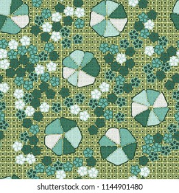 Abstract seamless pattern composed of five-petalled and seven-petalled flowers.
The picture is located on the background of monochrome four-pointed stars of prisoners in squares.