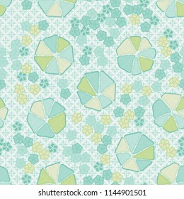 Abstract seamless pattern composed of five-petalled and seven-petalled flowers.
The picture is located on a background of monochrome eight-sided flowers.