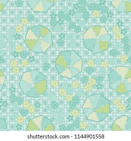 Abstract seamless pattern composed of five-petalled and seven-petalled flowers.
The painting is located on the background of monochrome symbolic flowers and crosses.
